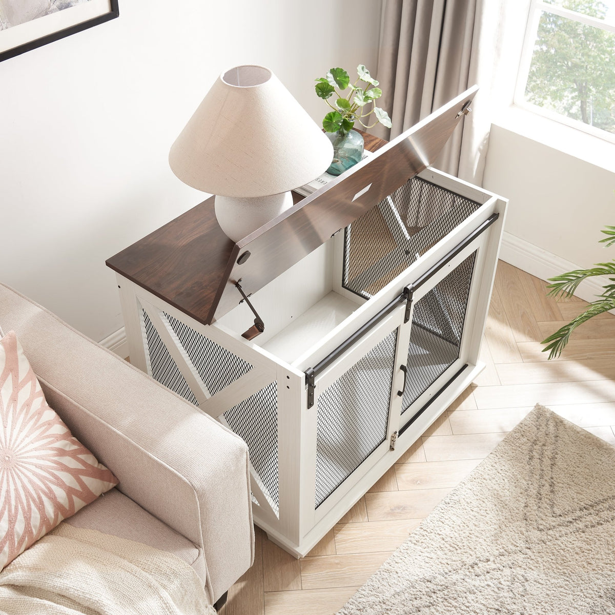 Farm kennel Flat noodles furniture with sliding barn door, farm wooden kennel end table, dog house with removable partition - Quarter Circle AK Boutique