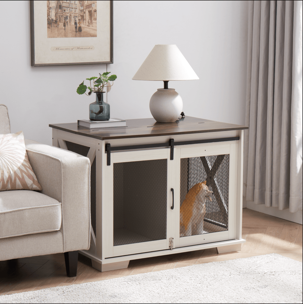 Farm kennel Flat noodles furniture with sliding barn door, farm wooden kennel end table, dog house with removable partition - Quarter Circle AK Boutique