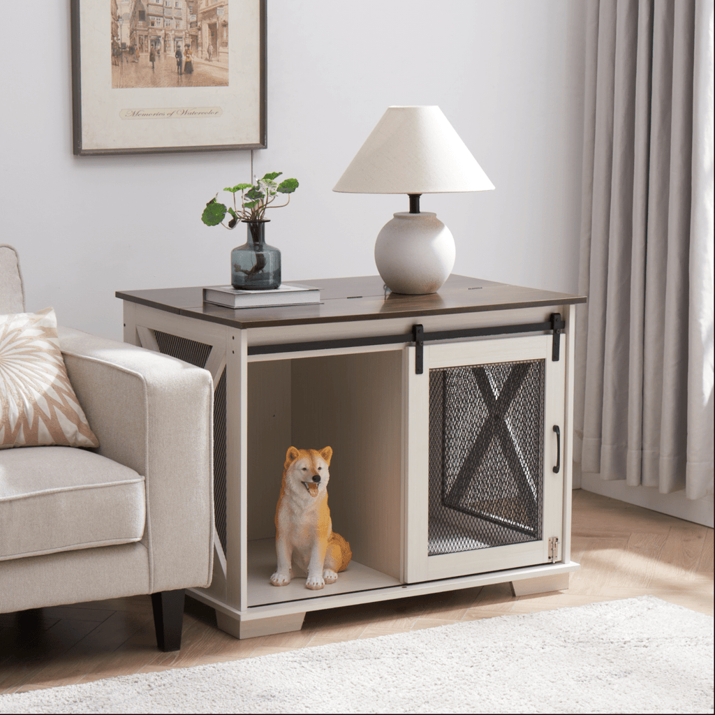 Farm kennel Flat noodles furniture with sliding barn door, farm wooden kennel end table, dog house with removable partition - Quarter Circle AK Boutique