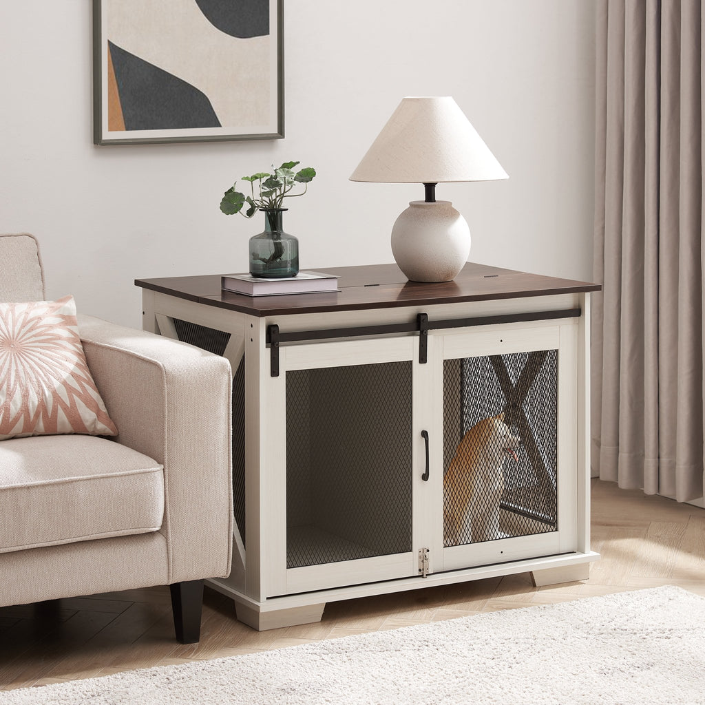 Farm kennel Flat noodles furniture with sliding barn door, farm wooden kennel end table, dog house with removable partition - Quarter Circle AK Boutique