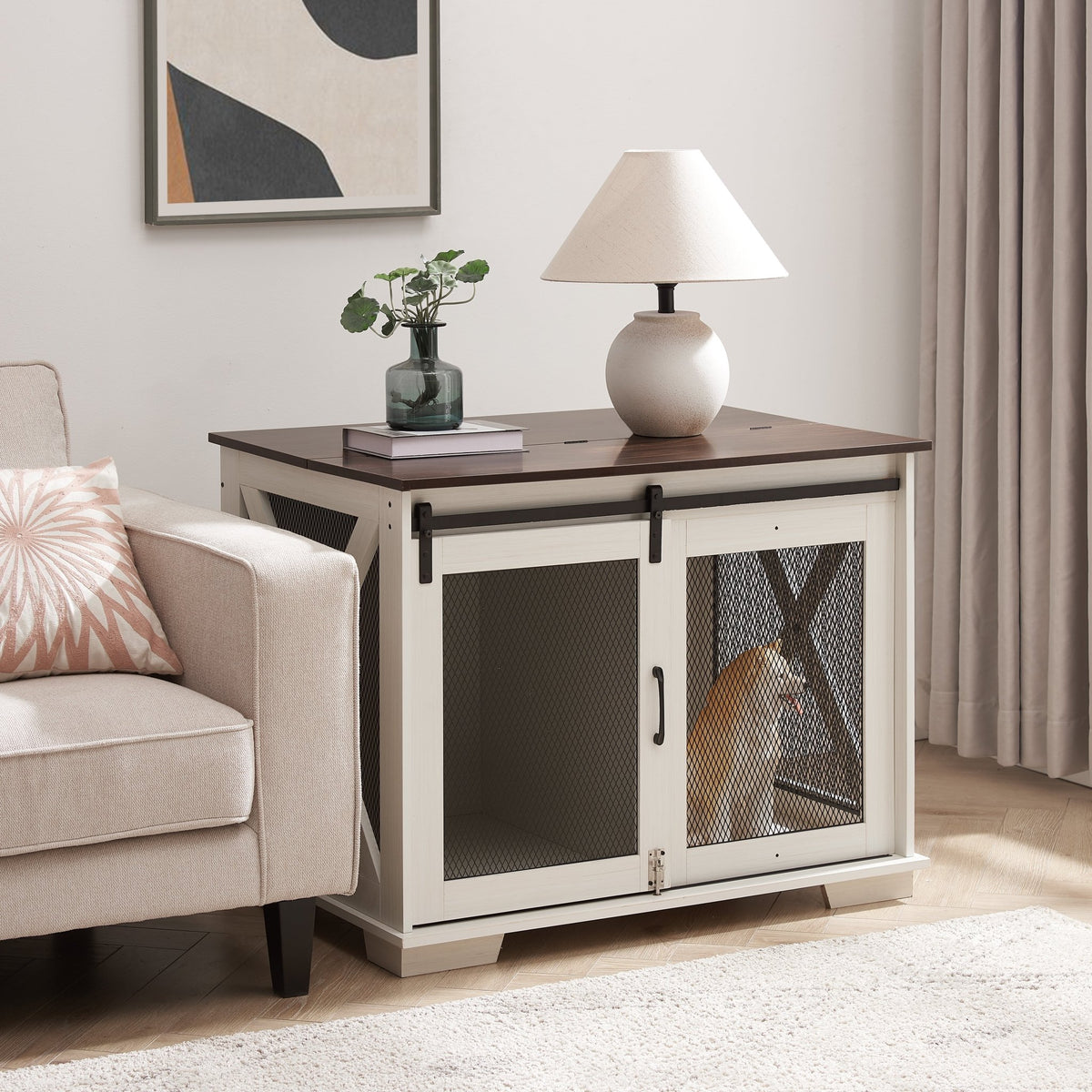 Farm kennel Flat noodles furniture with sliding barn door, farm wooden kennel end table, dog house with removable partition - Quarter Circle AK Boutique