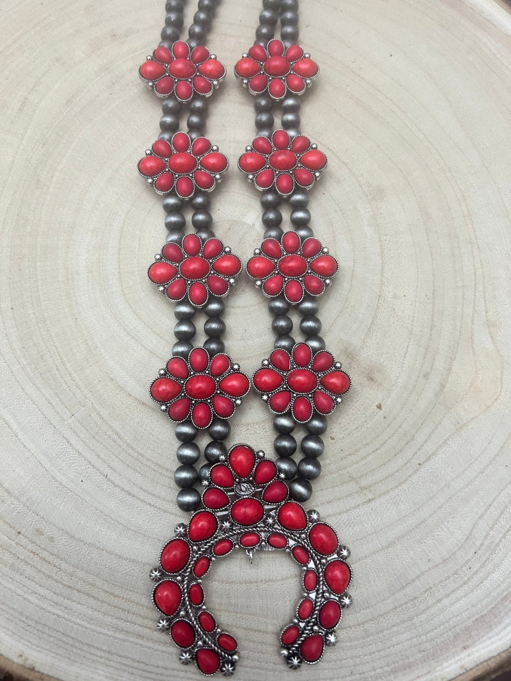 Faux Coral Long Squash Blossom Statement Necklace - 32 inch necklace