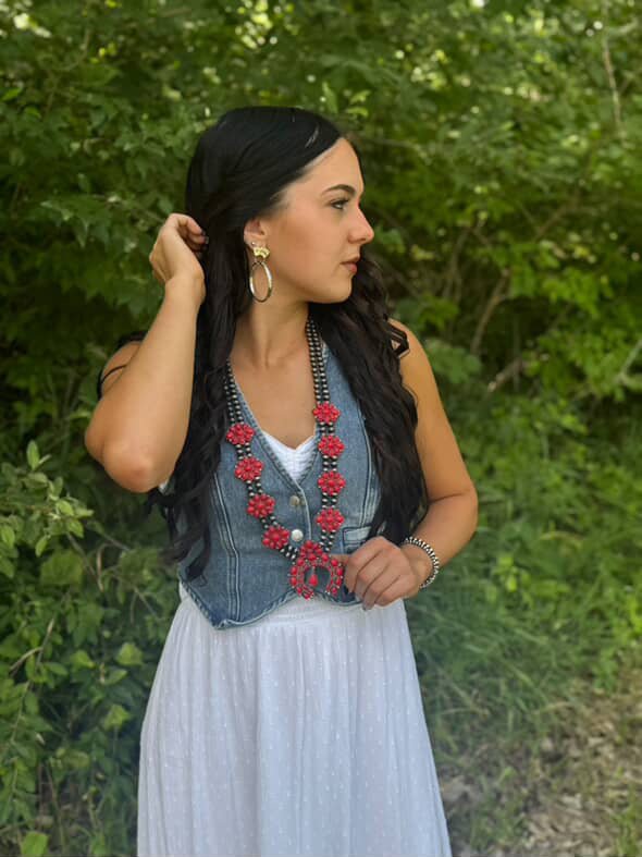 Faux Coral Long Squash Blossom Statement Necklace - 32 inch necklace