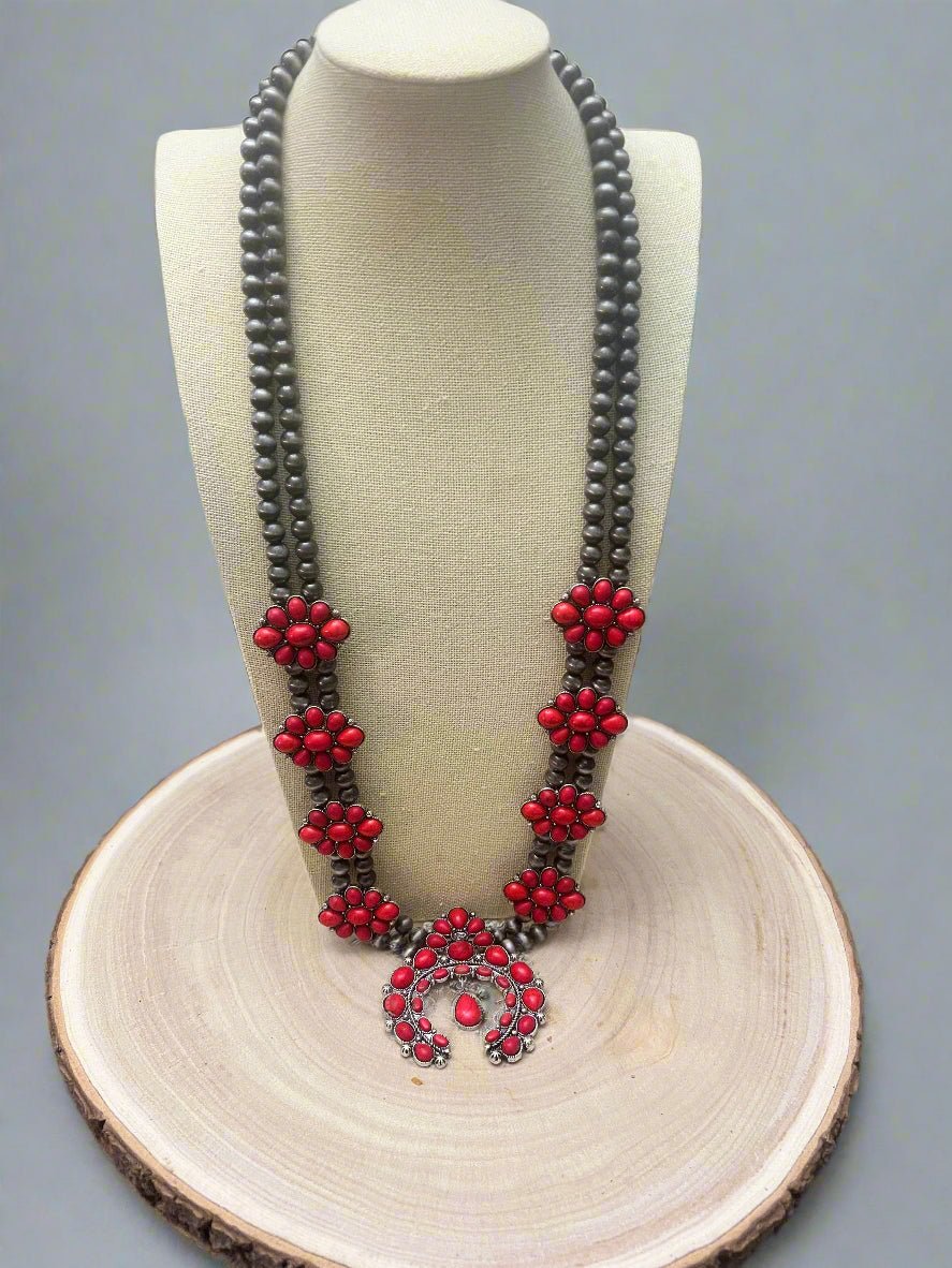 Faux Coral Long Squash Blossom Statement Necklace - 32 inch necklace