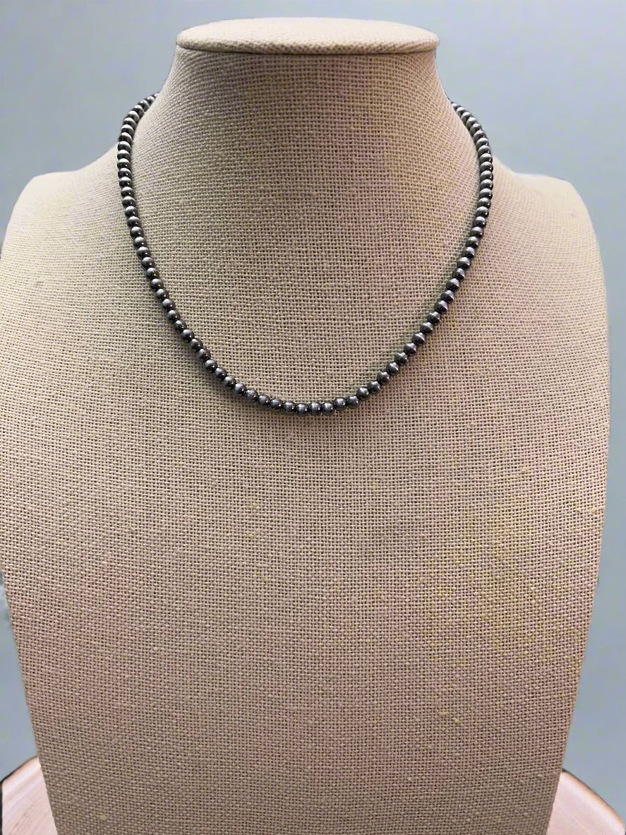 Western Faux Silver Pearl Choker — 4mm Burnished Bead Necklace (12 Inch + Extender)