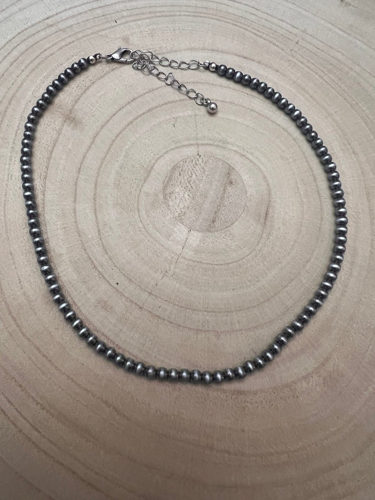 Western Faux Silver Pearl Choker — 4mm Burnished Bead Necklace (12 Inch + Extender)