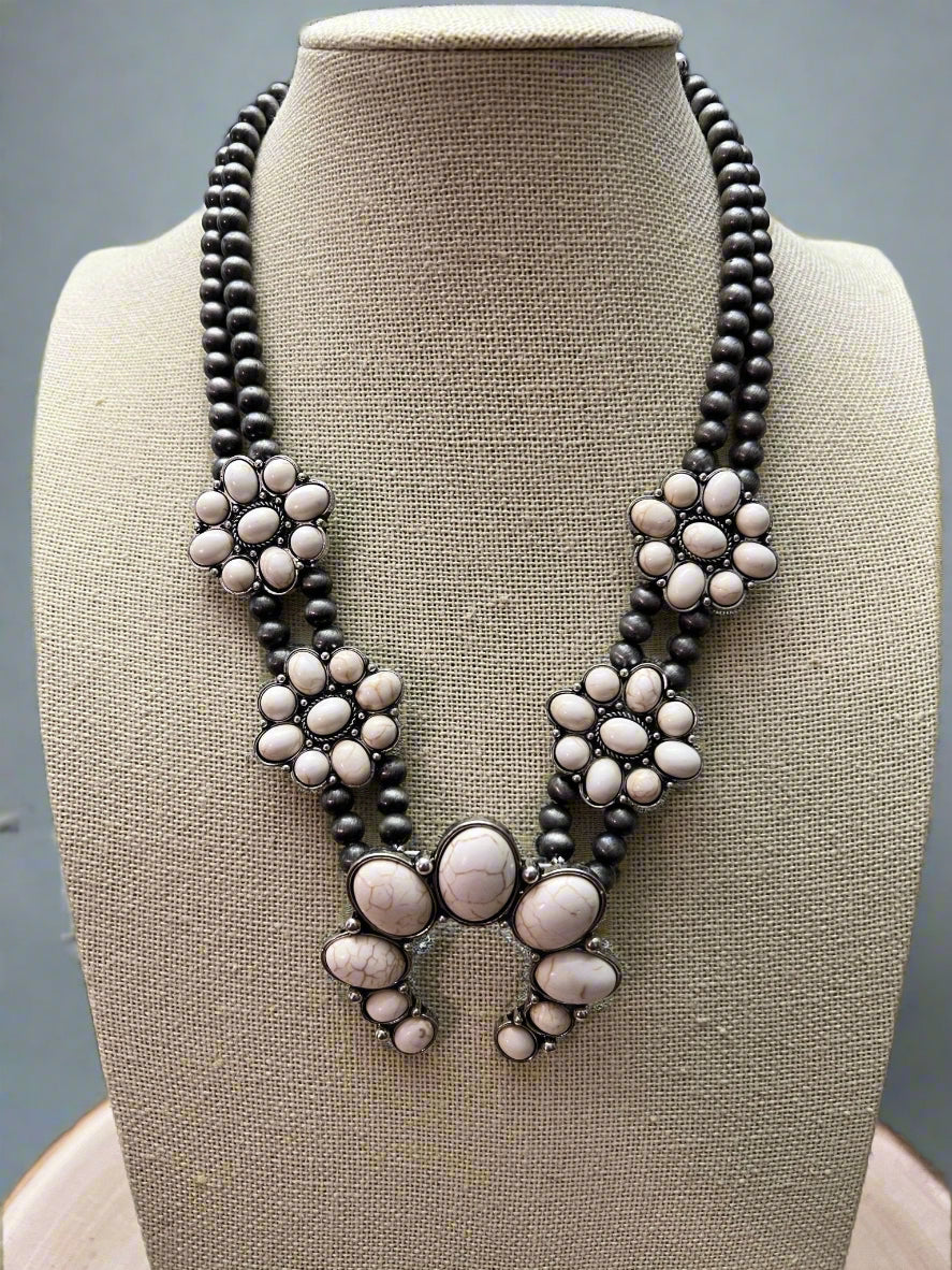 Faux White Buffalo Double Strand Squash Blossom Necklace -  18 inch