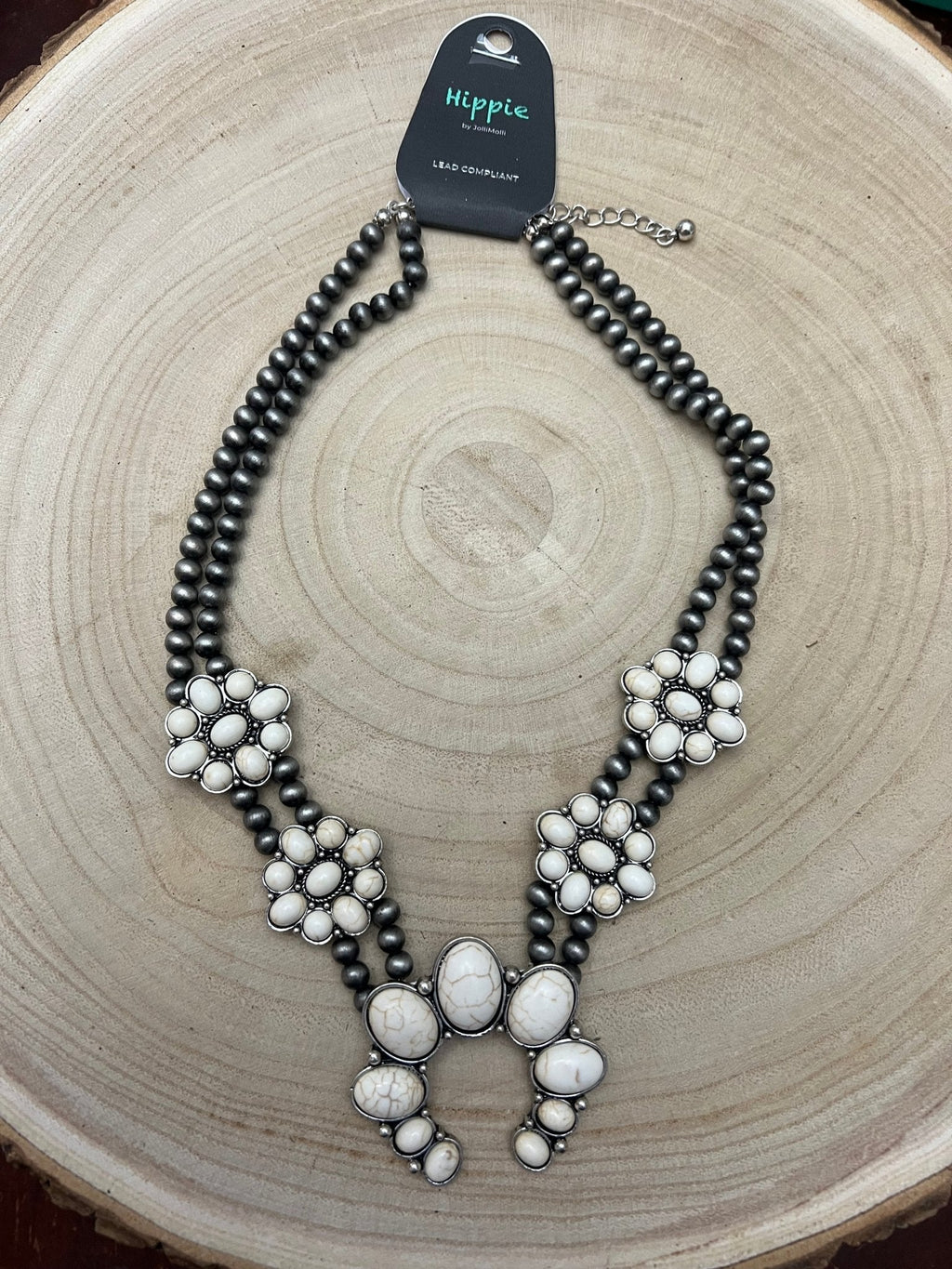 Faux White Buffalo Double Strand Squash Blossom Necklace -  18 inch