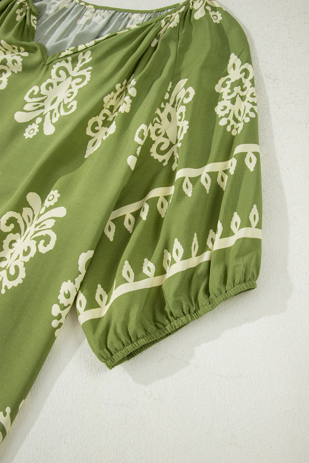 Green Boho Chic Notched V Neck Plus Floral Short Sleeve Top