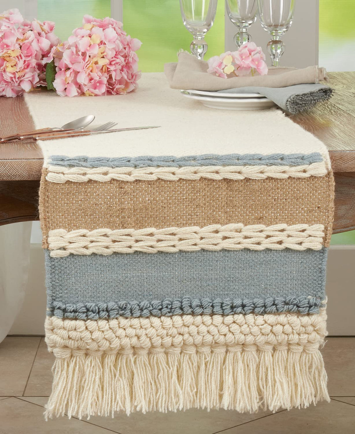 Fennco Styles Textured Boho 100% Wool Decorative Table Runner 16" W x 72" L - Blue Woven Bohemian Table Cover for Home Décor, Dining Table, Banquets and Special Occasion - Quarter Circle AK Boutique
