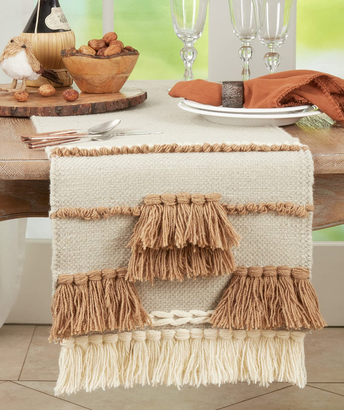 Fennco Styles Textured Boho 100% Wool Decorative Table Runner 16" W x 72" L - Natural Knotted Tassel Bohemian Table Cover for Home Décor, Dining Table, Banquets and Special Occasion - Quarter Circle AK Boutique