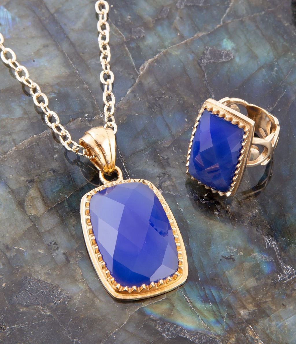 Filigreed Blue Agate Golden Statement Ring