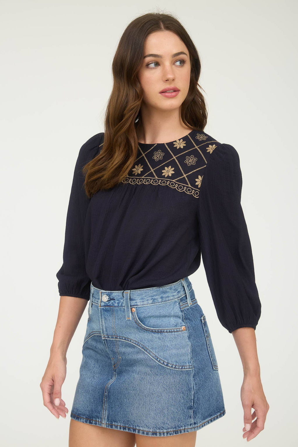 Floral Embroidered Yoke 3/4 Sleeve Blouse -medium remains
