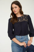 Floral Embroidered Yoke 3/4 Sleeve Blouse -medium remains