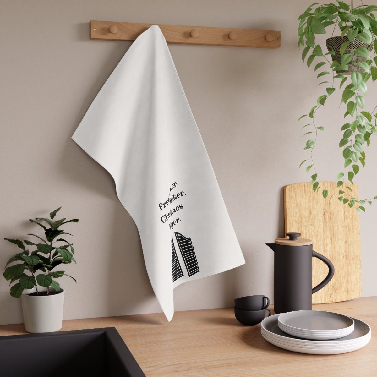 "Free Thinker, Cheap Drinker. Total chaos bringer." Dish Towel. Western Kitchen and Bar Decor, housewarming gift, funny party decor - Quarter Circle AK Boutique