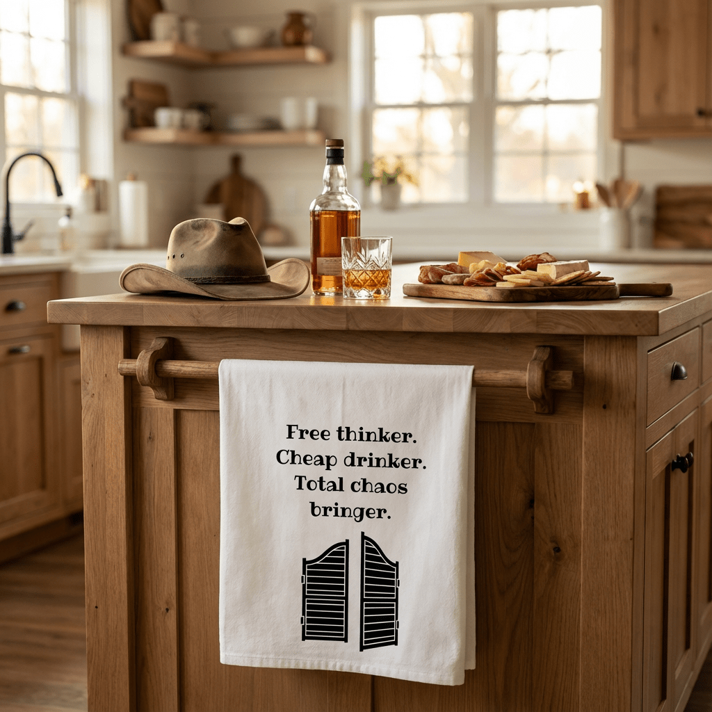 "Free Thinker, Cheap Drinker. Total chaos bringer." Dish Towel. Western Kitchen and Bar Decor, housewarming gift, funny party decor - Quarter Circle AK Boutique
