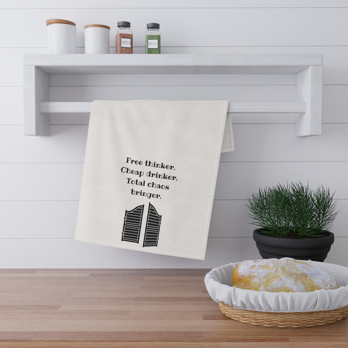 "Free Thinker, Cheap Drinker. Total chaos bringer." Dish Towel. Western Kitchen and Bar Decor, housewarming gift, funny party decor - Quarter Circle AK Boutique