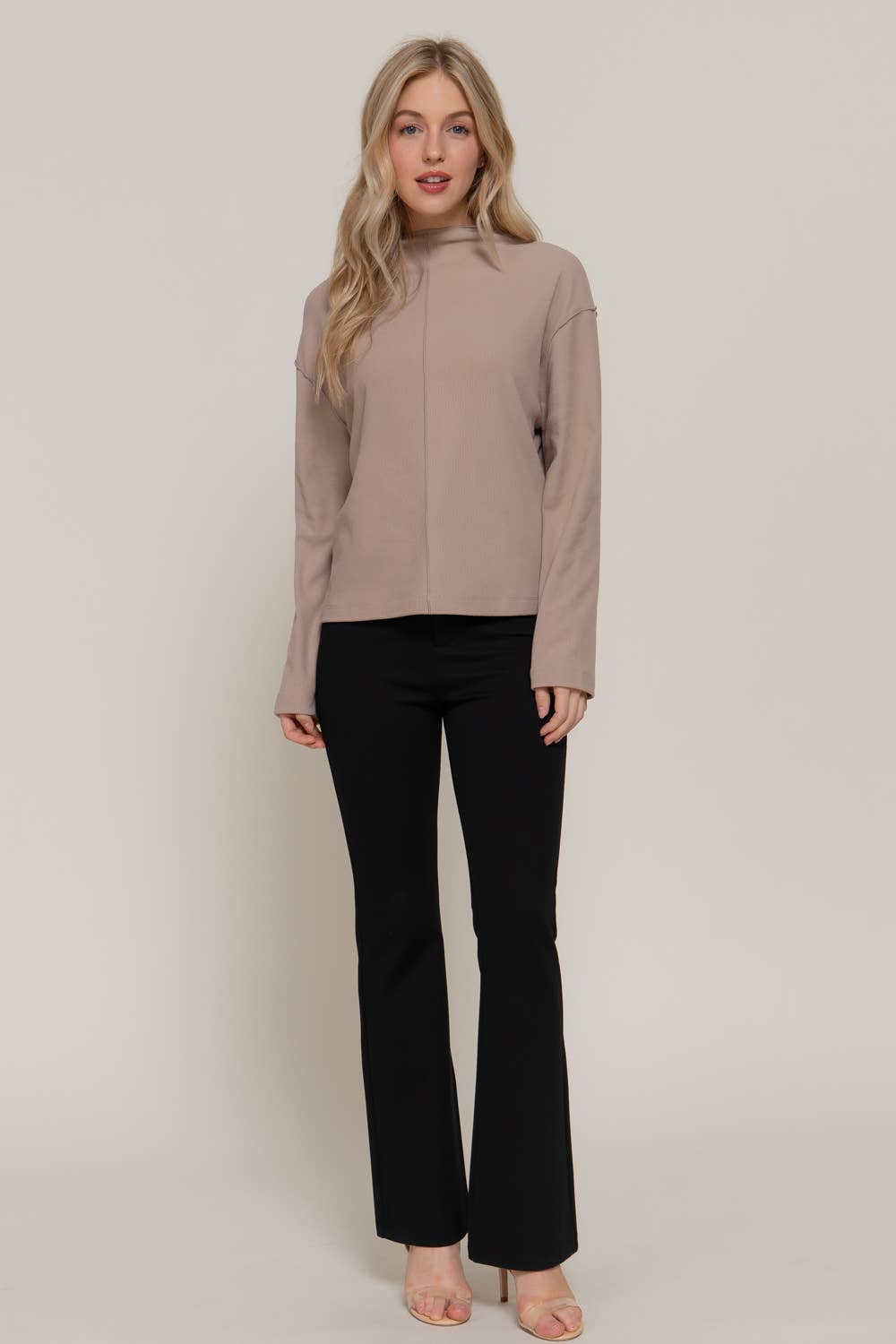 Active Basic "Frontier" Brushed Rib Mock Neck Western Top — Visible Overlocked Seams (Mushroom or White)
