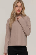 Active Basic "Frontier" Brushed Rib Mock Neck Western Top — Visible Overlocked Seams (Mushroom or White)