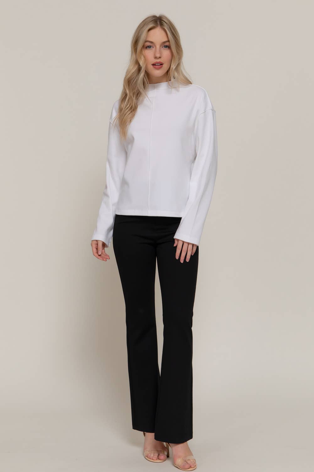Active Basic "Frontier" Brushed Rib Mock Neck Western Top — Visible Overlocked Seams (Mushroom or White)