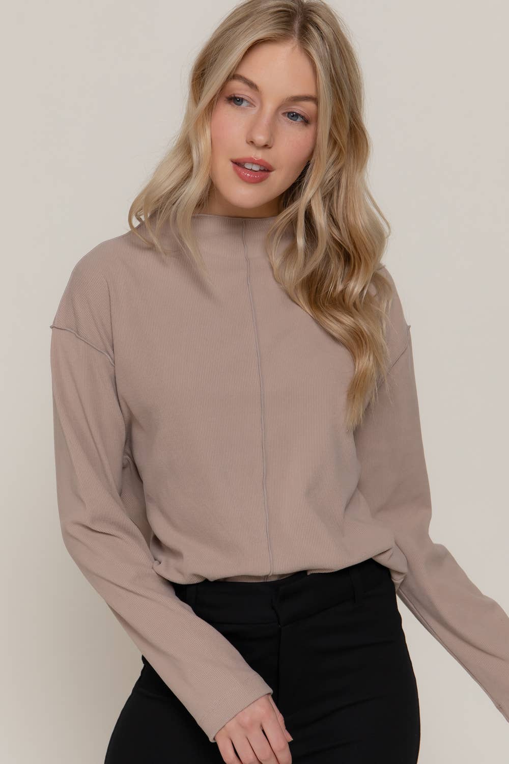Active Basic "Frontier" Brushed Rib Mock Neck Western Top — Visible Overlocked Seams (Mushroom or White)