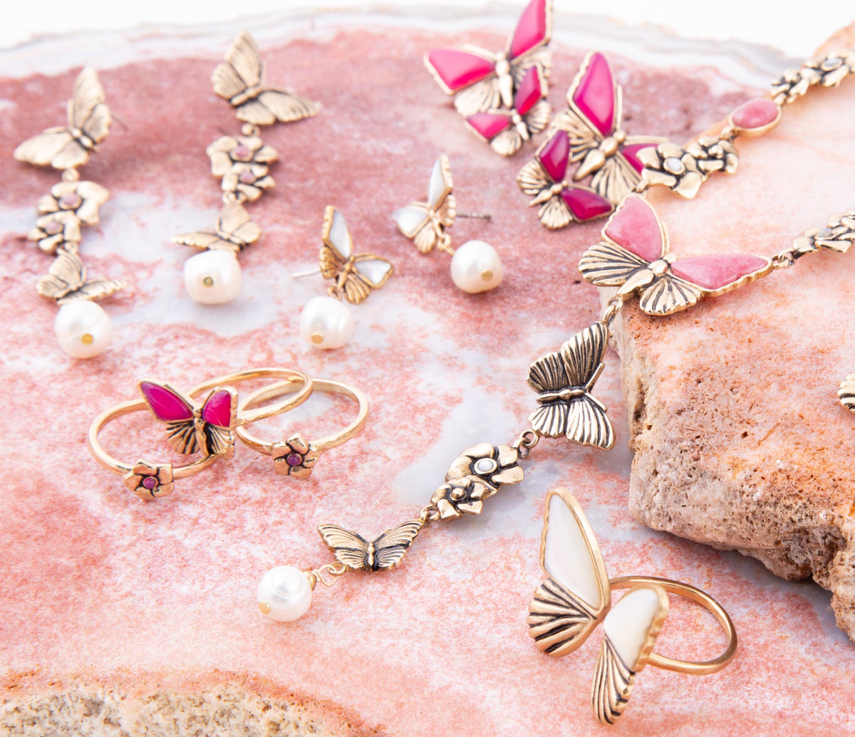 Pink Fuchsia Agate Golden Butterflies Triple Ring Set