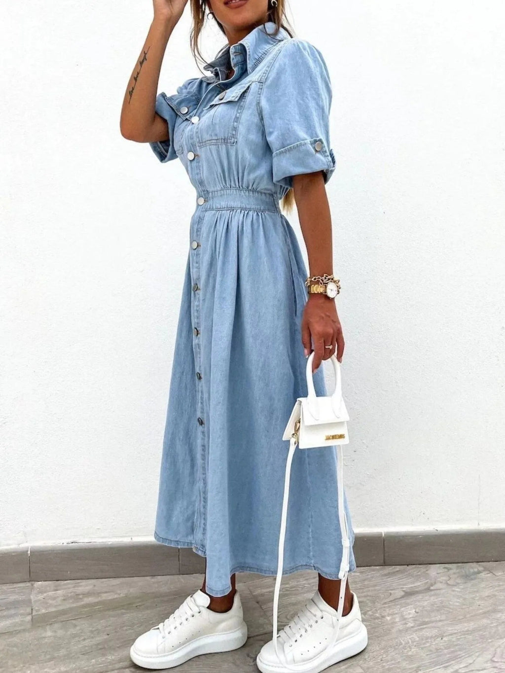 Full Size Button Down Roll-Up Sleeve Denim Shirt Dress Plus Size - Quarter Circle AK Boutique