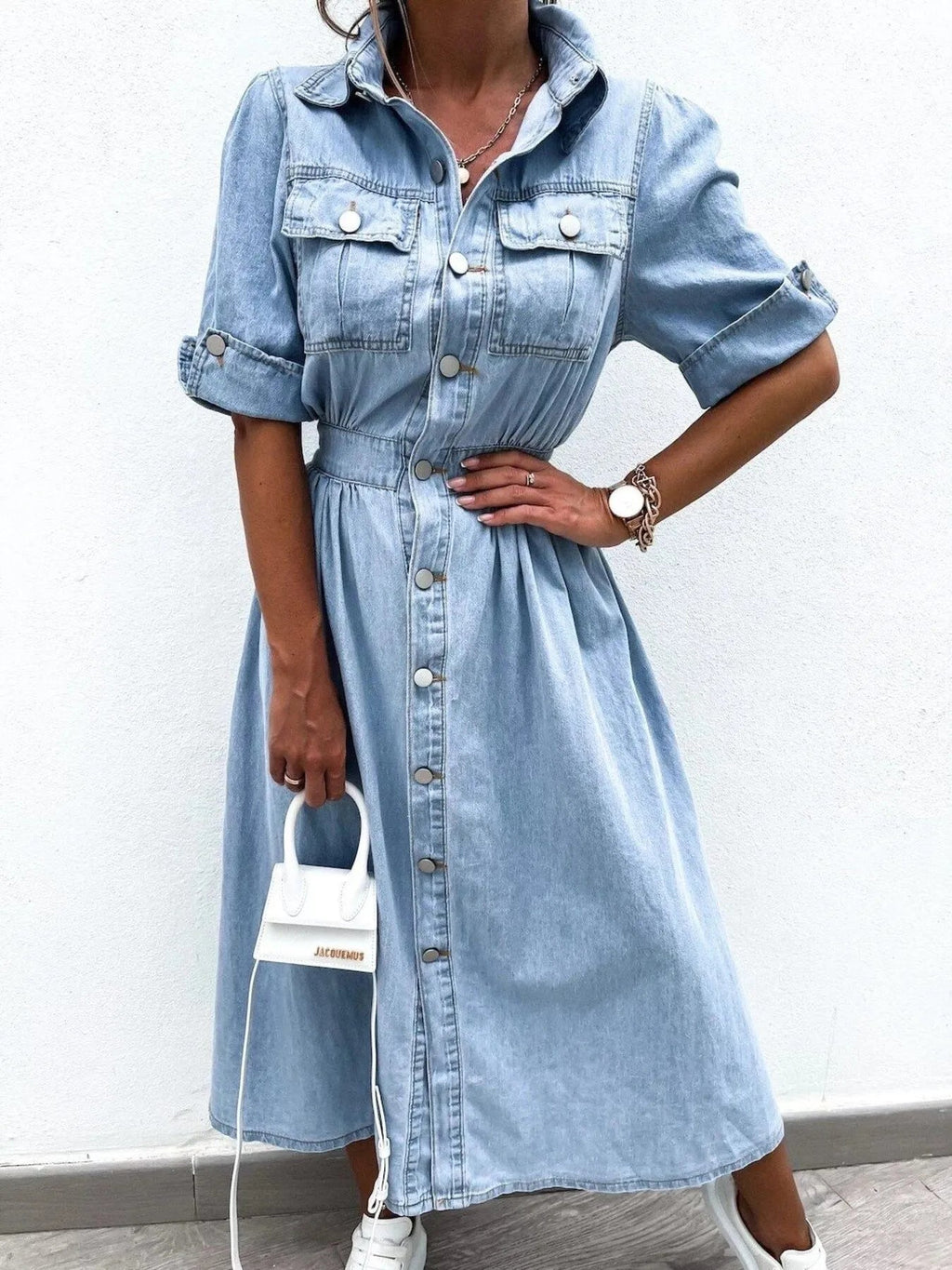 Full Size Button Down Roll-Up Sleeve Denim Shirt Dress Plus Size - Quarter Circle AK Boutique