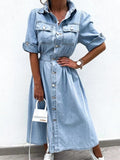 Full Size Button Down Roll-Up Sleeve Denim Shirt Dress Plus Size - Quarter Circle AK Boutique