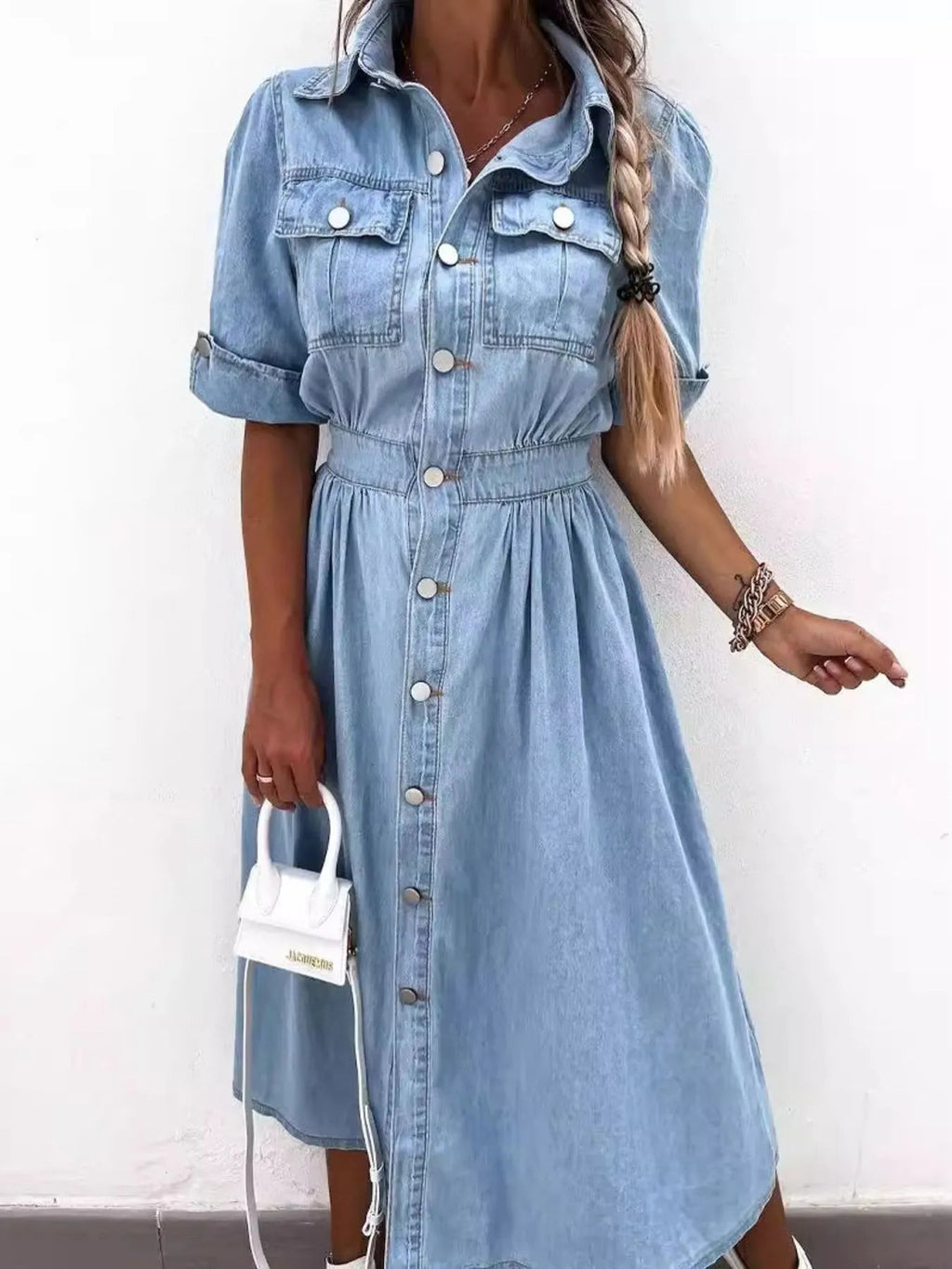 Full Size Button Down Roll-Up Sleeve Denim Shirt Dress Plus Size - Quarter Circle AK Boutique
