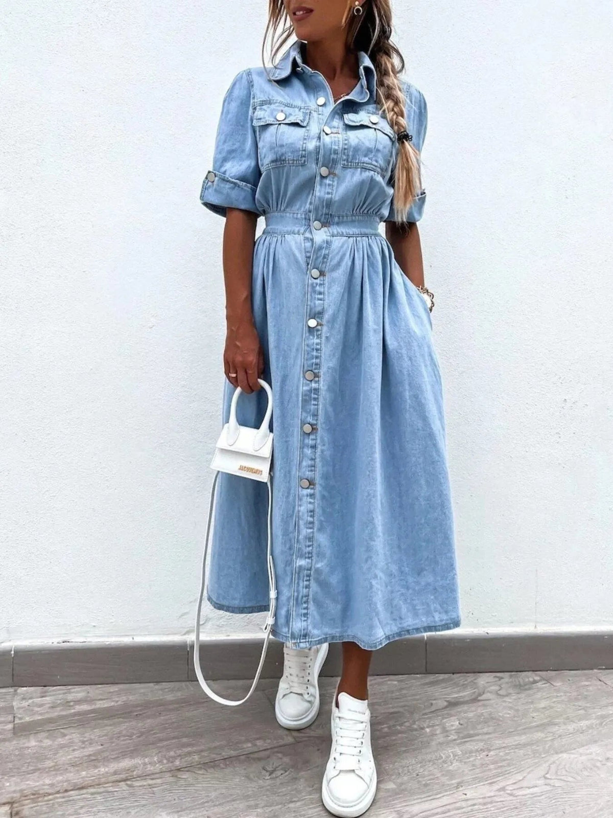 Full Size Button Down Roll-Up Sleeve Denim Shirt Dress Plus Size - Quarter Circle AK Boutique