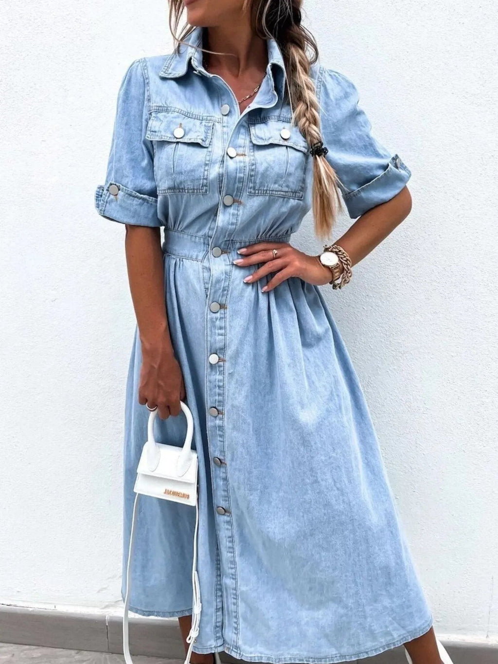 Full Size Button Down Roll-Up Sleeve Denim Shirt Dress Plus Size - Quarter Circle AK Boutique