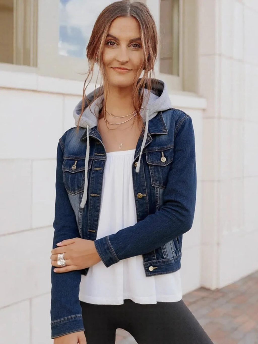 Full Size Button Up Drawstring Hooded Denim Jacket Plus Size - Quarter Circle AK Boutique