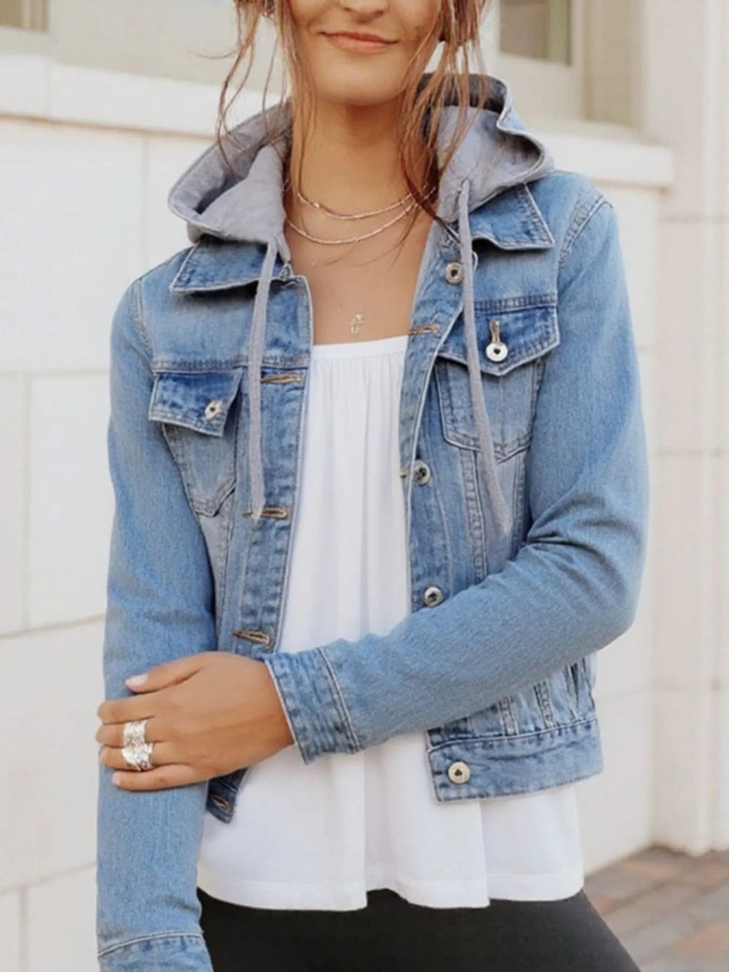 Full Size Button Up Drawstring Hooded Denim Jacket Plus Size - Quarter Circle AK Boutique
