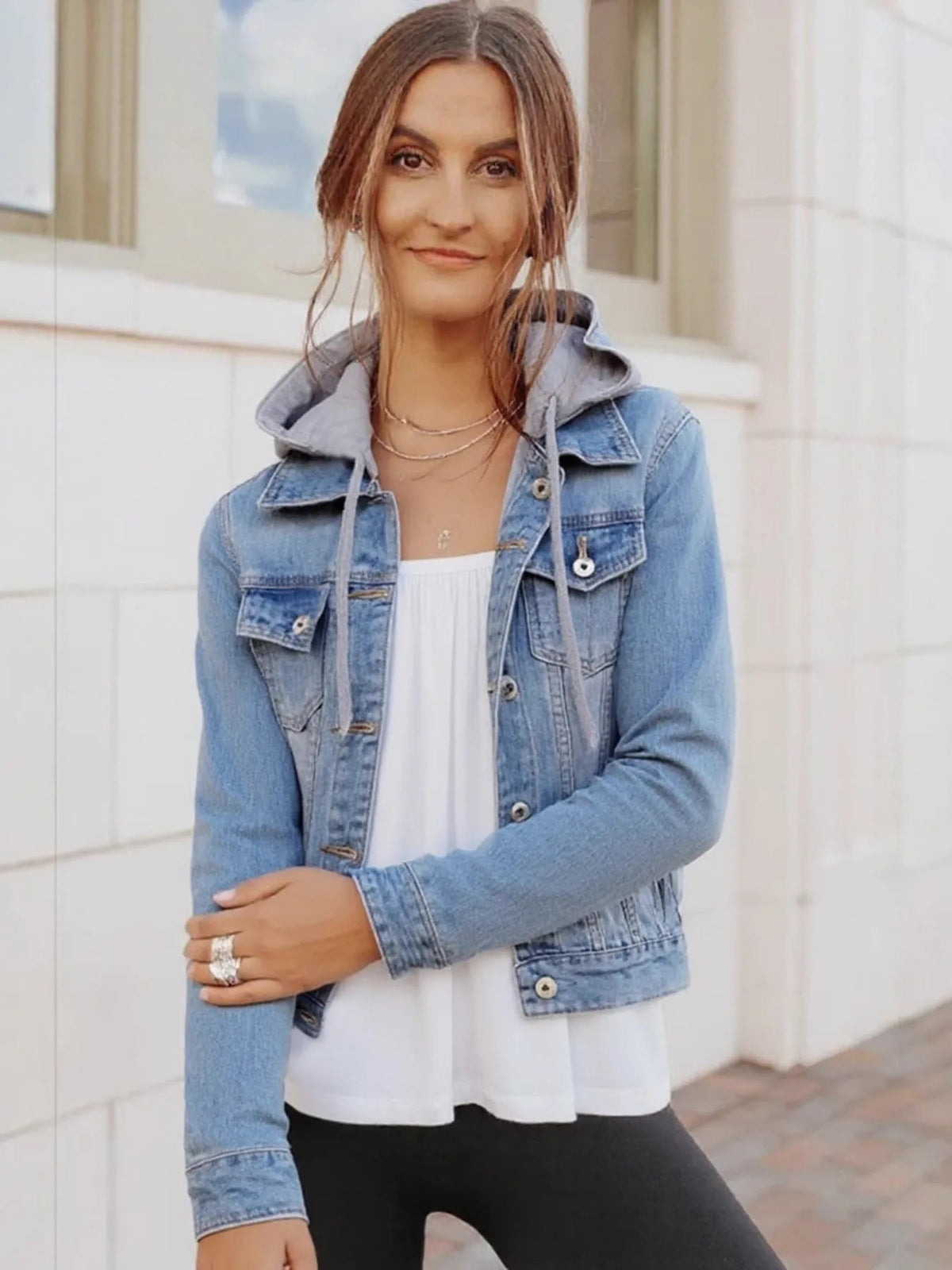 Full Size Button Up Drawstring Hooded Denim Jacket Plus Size - Quarter Circle AK Boutique