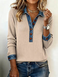 Full Size Denim Trim Button Detail Ribbed Knit Top Plus Size - Quarter Circle AK Boutique