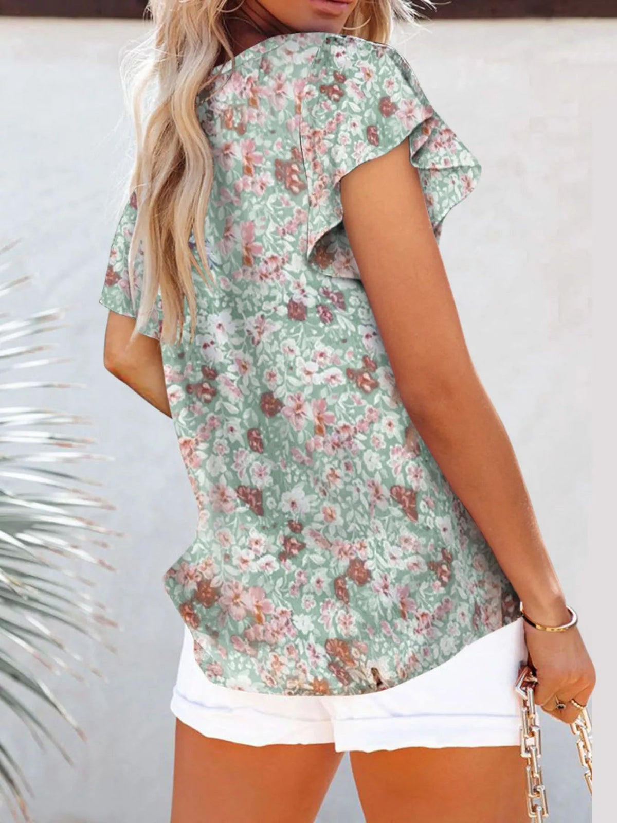 Full Size Floral Print Flutter Sleeve V-Neck Blouse Plus Size - Quarter Circle AK Boutique
