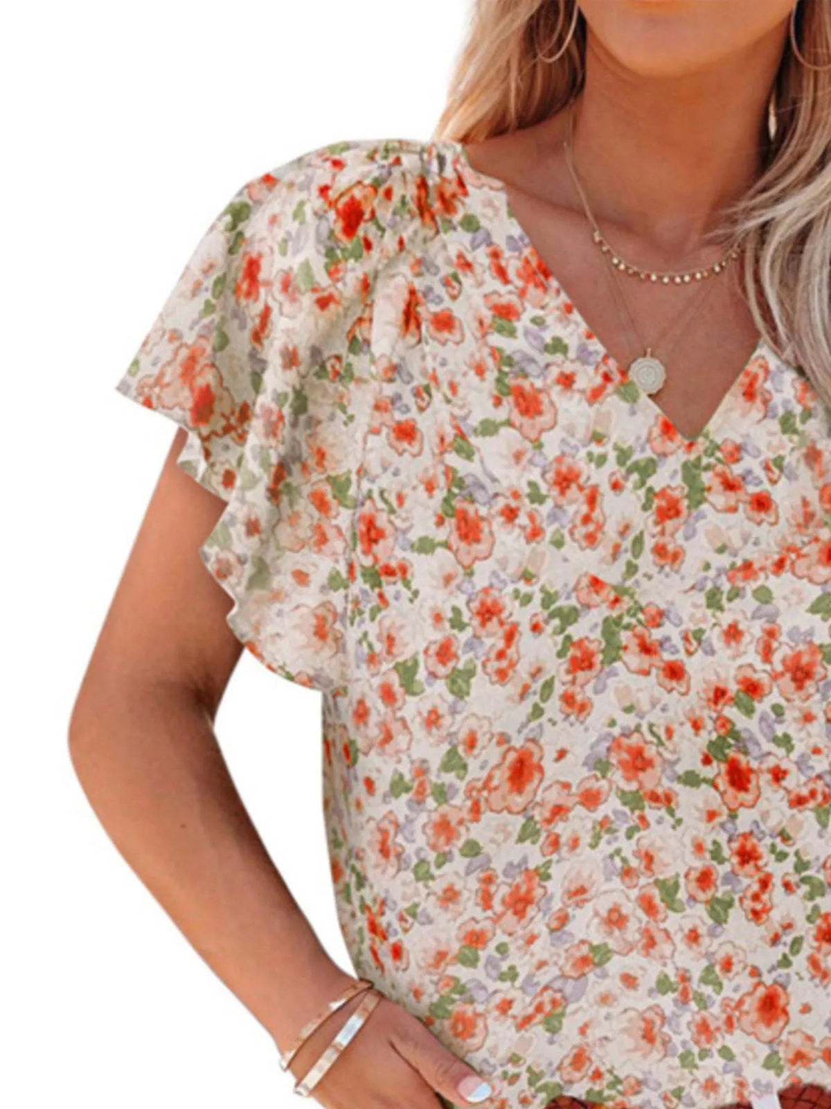 Full Size Floral Print Flutter Sleeve V-Neck Blouse Plus Size - Quarter Circle AK Boutique
