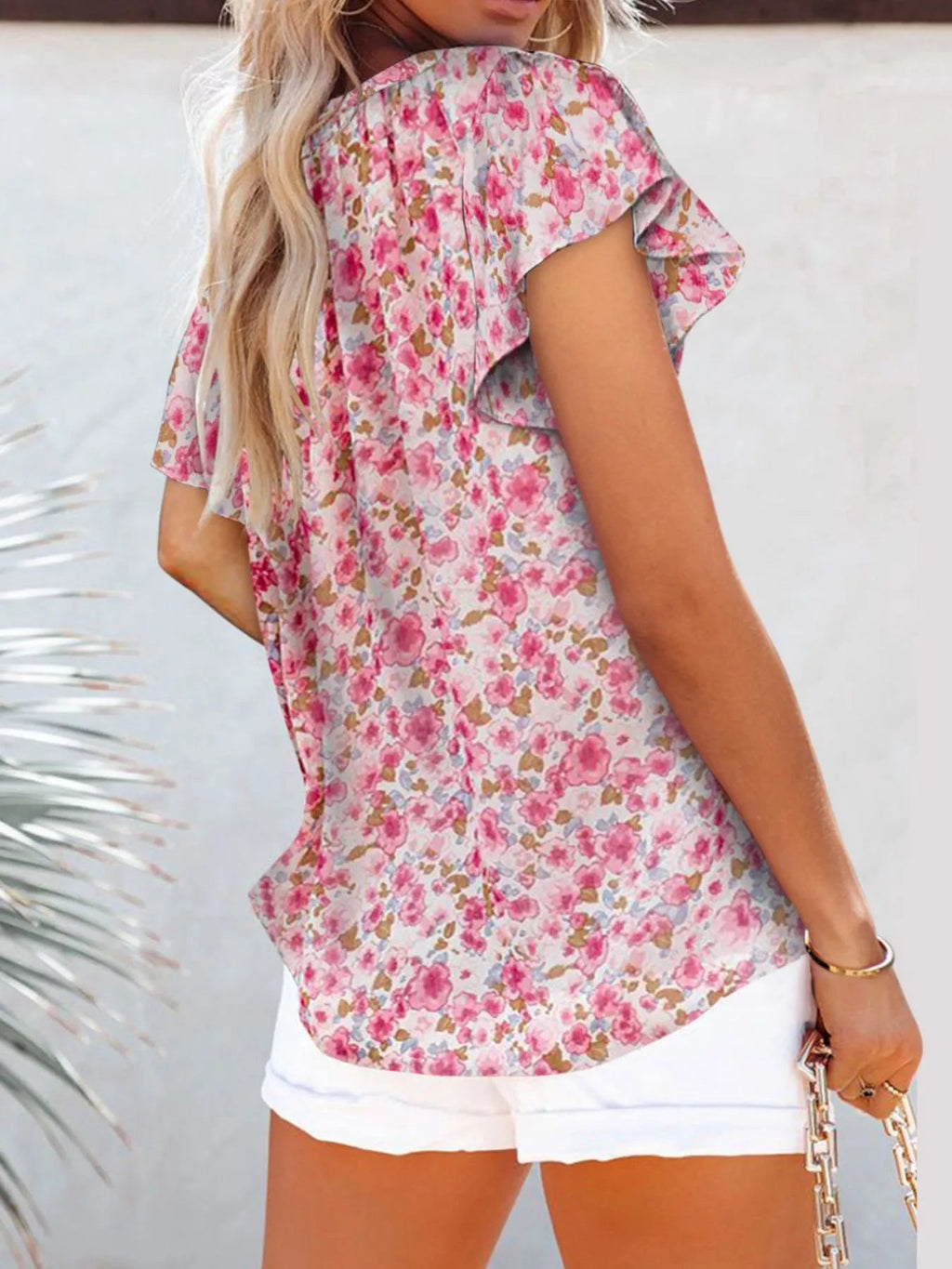 Full Size Floral Print Flutter Sleeve V-Neck Blouse Plus Size - Quarter Circle AK Boutique