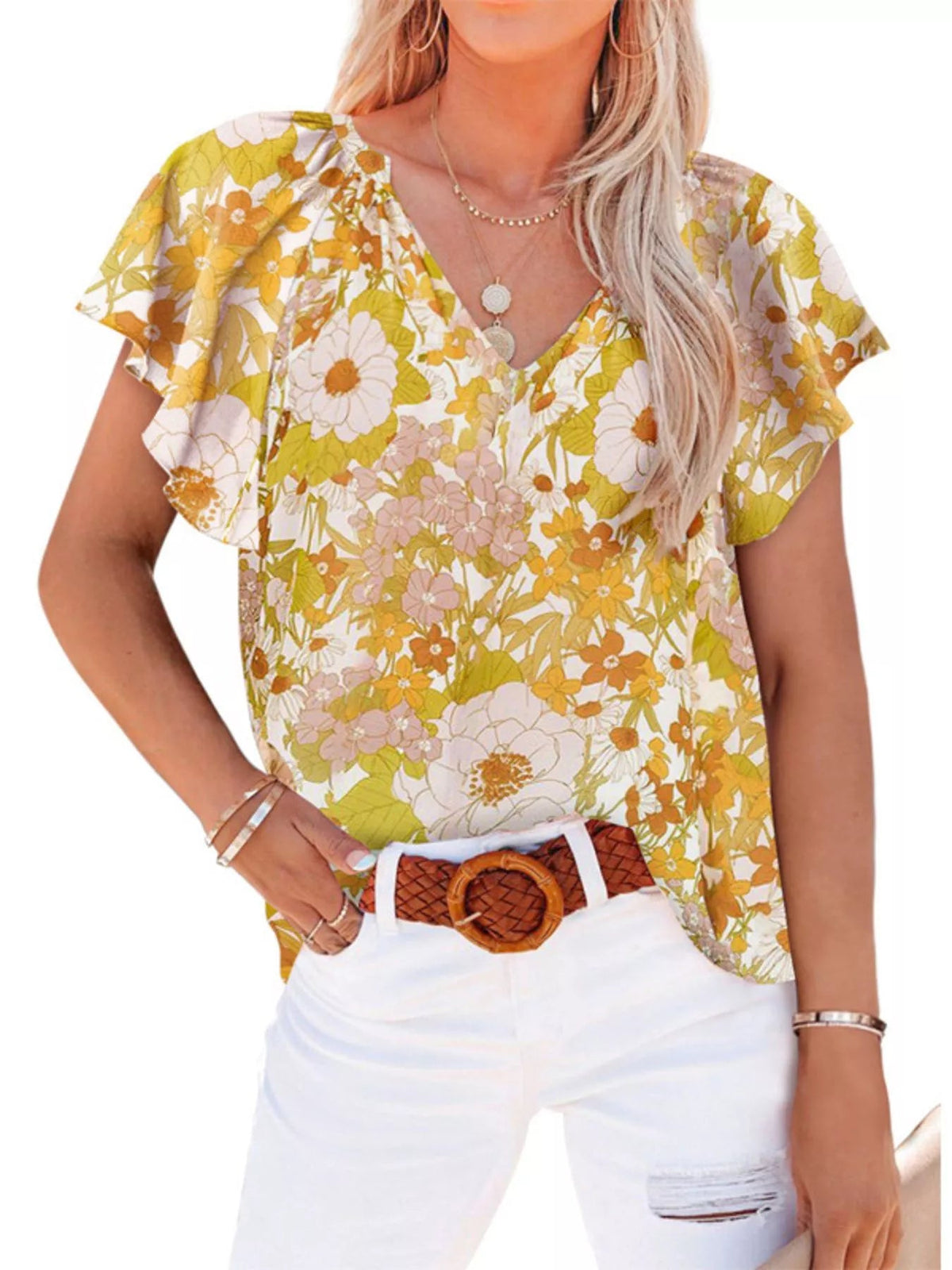 Full Size Floral Print Flutter Sleeve V-Neck Blouse Plus Size - Quarter Circle AK Boutique