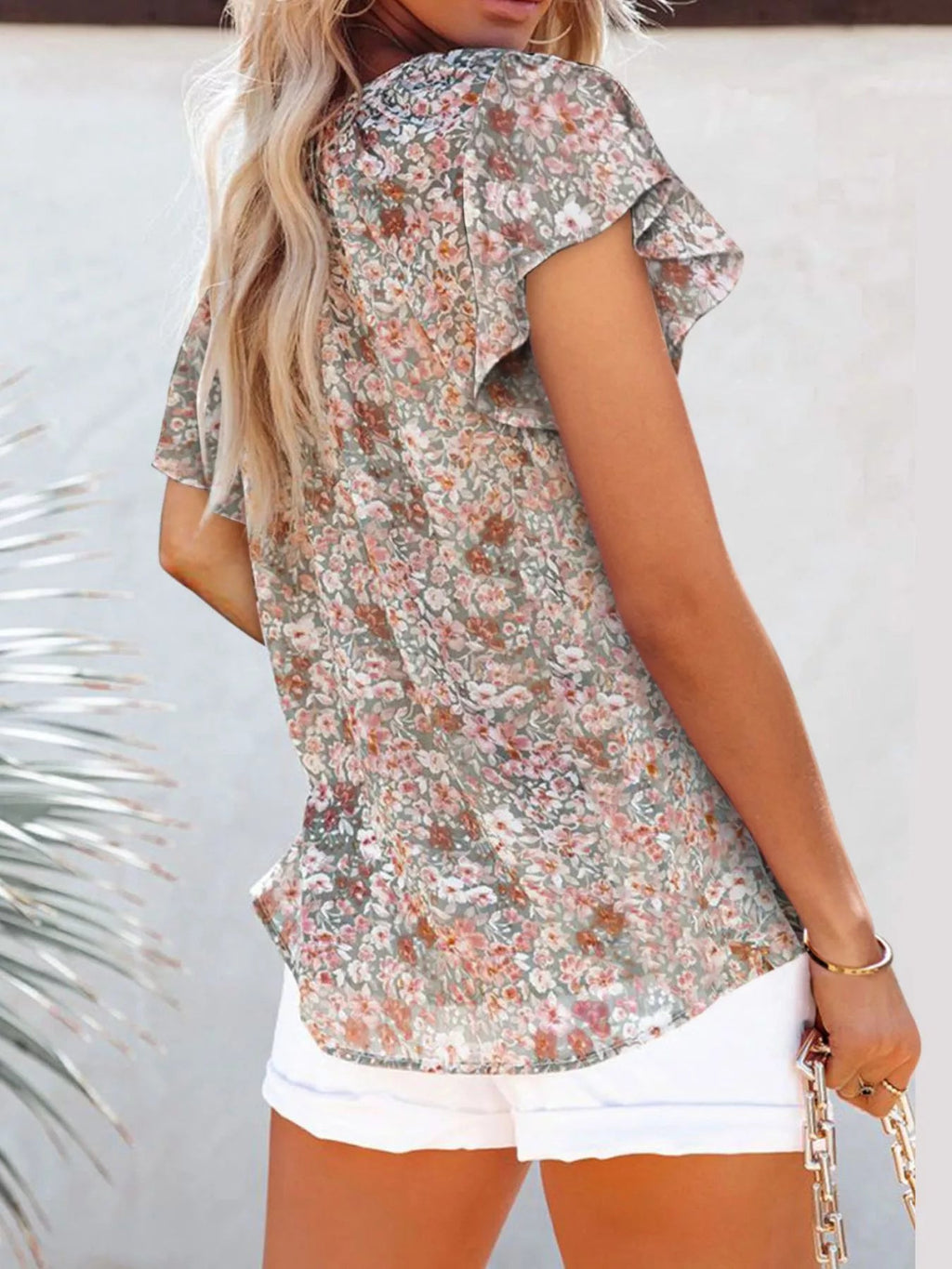 Full Size Floral Print Flutter Sleeve V-Neck Blouse Plus Size - Quarter Circle AK Boutique
