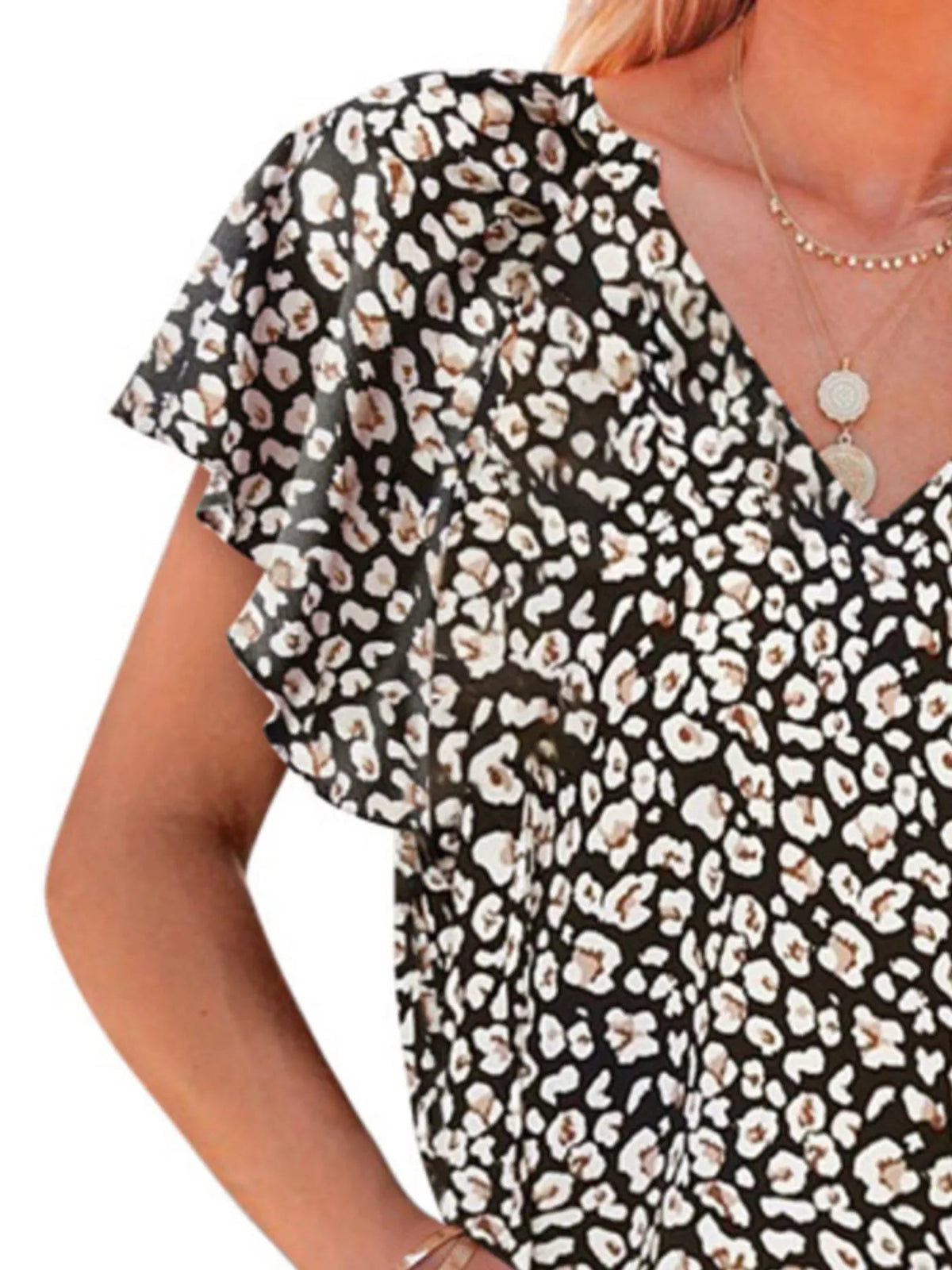 Full Size Floral Print Flutter Sleeve V-Neck Blouse Plus Size - Quarter Circle AK Boutique