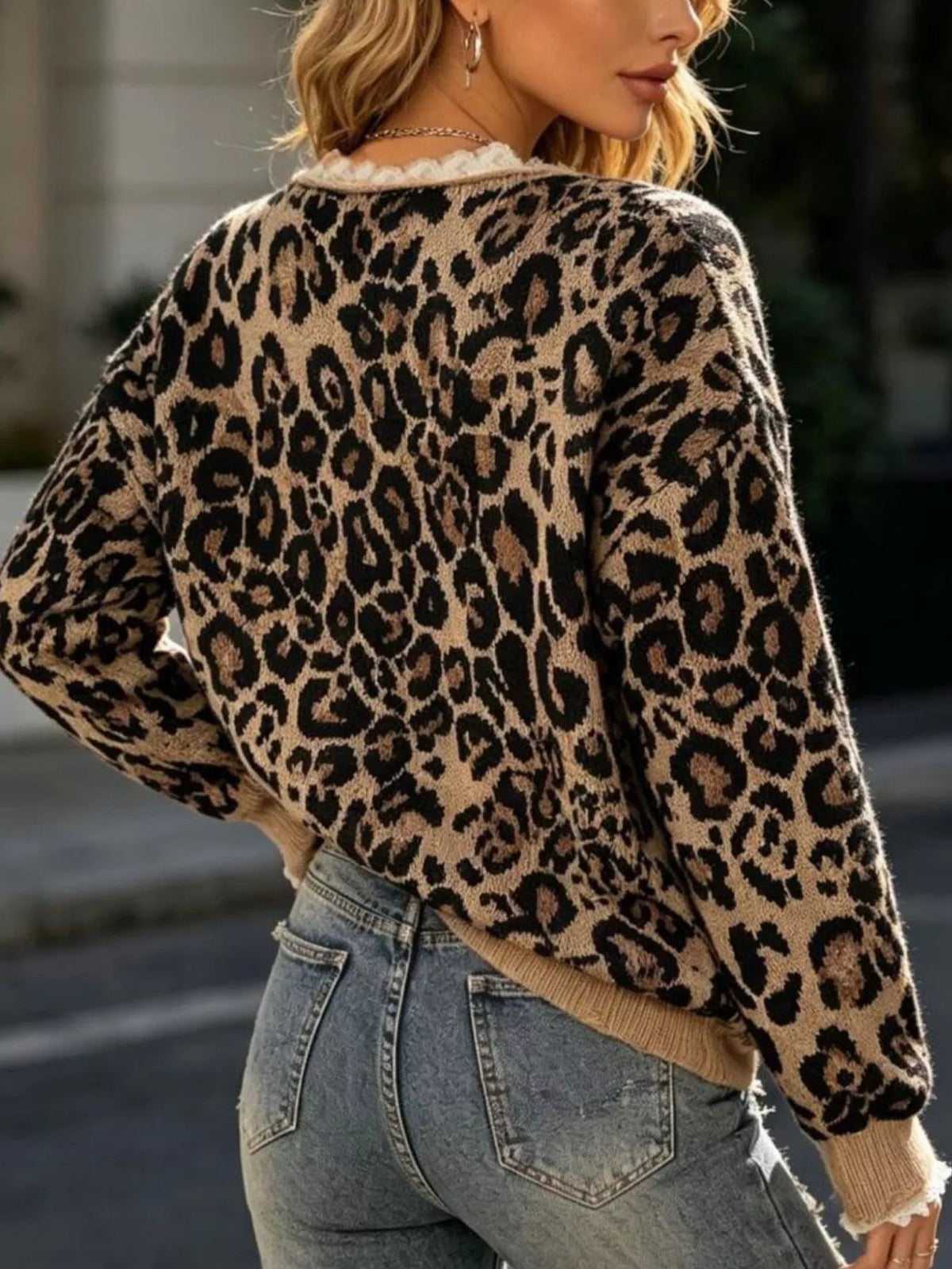 Full Size Leopard Print V-Neck Lace Trim Sweater Plus Size - Quarter Circle AK Boutique