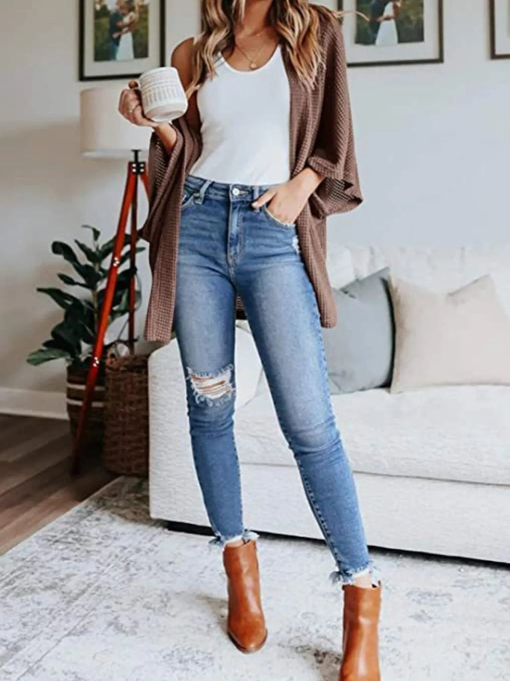 Full Size Open Front Waffle Knit Cardigan Plus Size - Quarter Circle AK Boutique