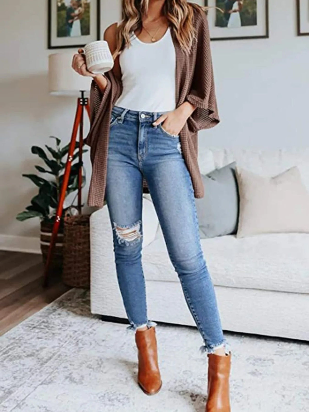 Full Size Open Front Waffle Knit Cardigan Plus Size - Quarter Circle AK Boutique