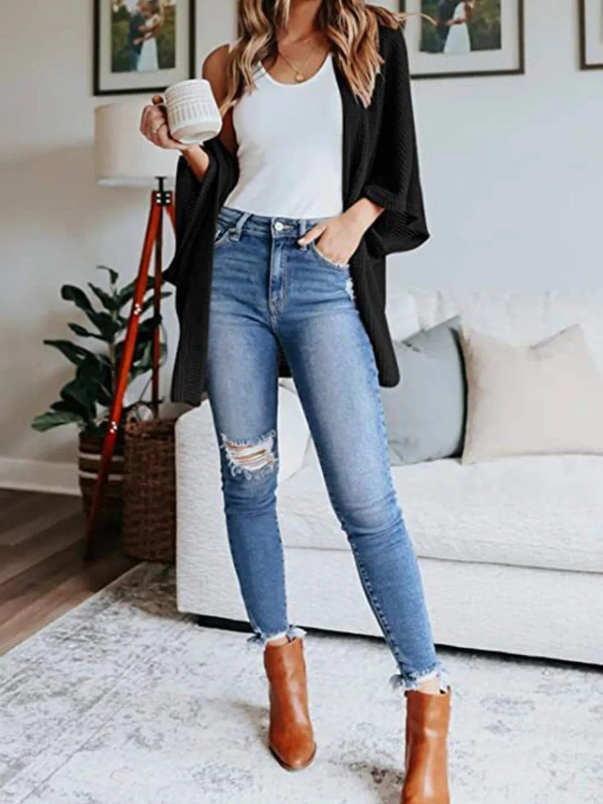 Full Size Open Front Waffle Knit Cardigan Plus Size - Quarter Circle AK Boutique