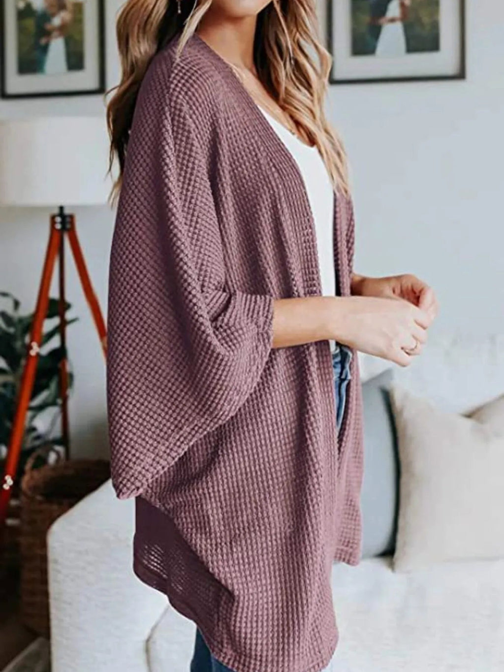 Full Size Open Front Waffle Knit Cardigan Plus Size - Quarter Circle AK Boutique