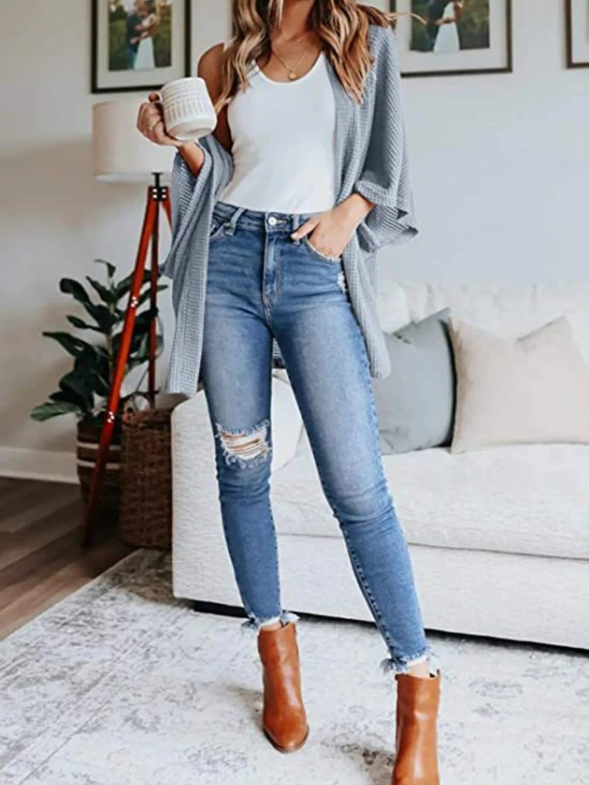 Full Size Open Front Waffle Knit Cardigan Plus Size - Quarter Circle AK Boutique