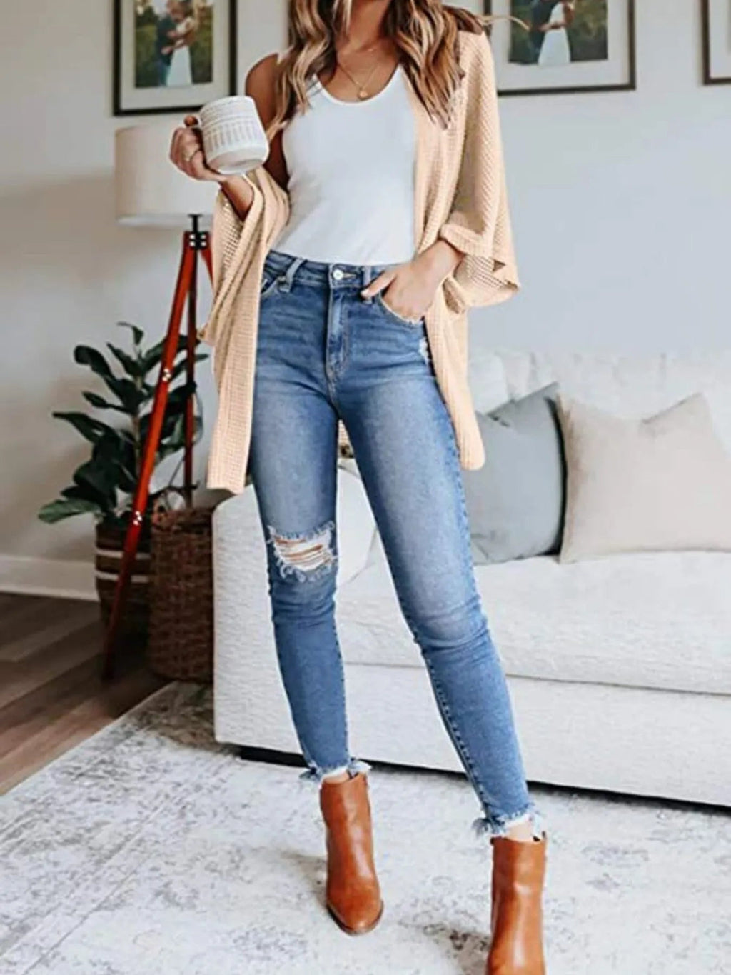 Full Size Open Front Waffle Knit Cardigan Plus Size - Quarter Circle AK Boutique