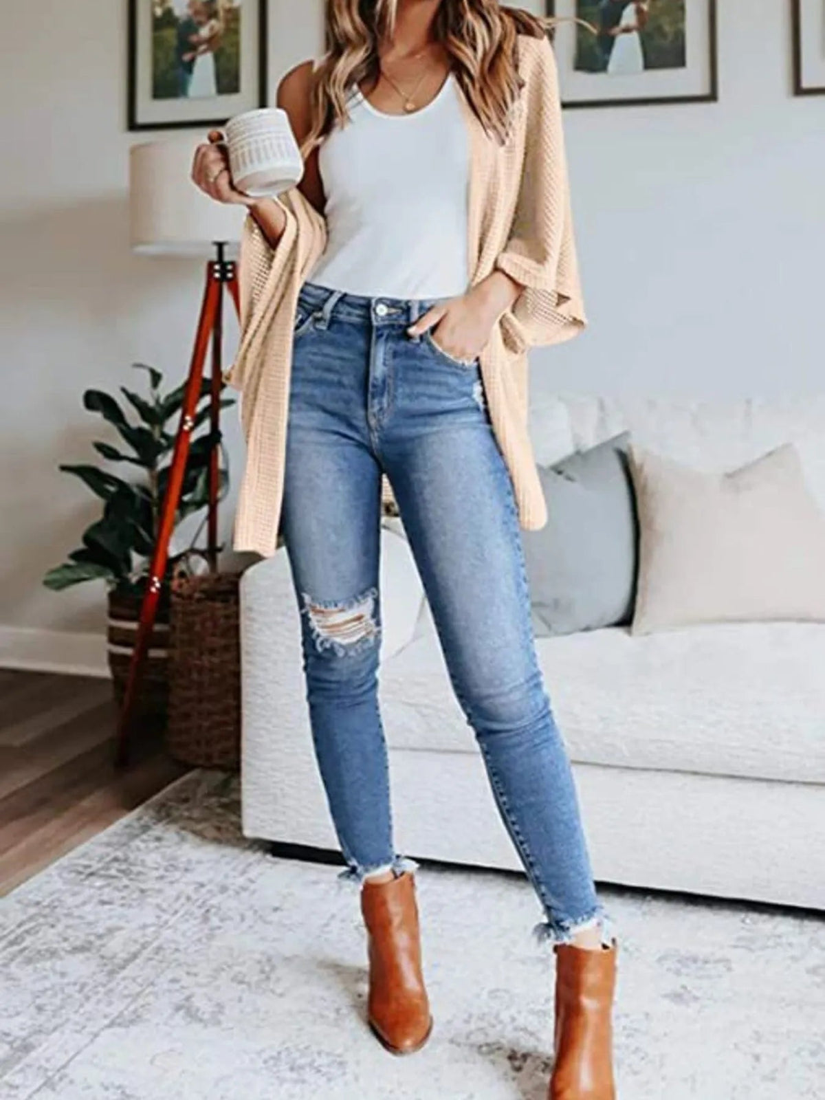 Full Size Open Front Waffle Knit Cardigan Plus Size - Quarter Circle AK Boutique